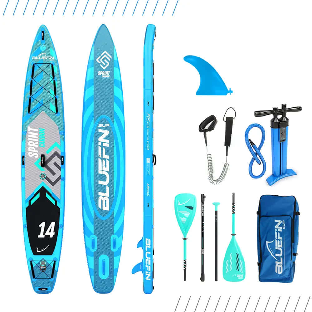 Aufblasbares Paddleboard in Blau mit Mittel-Finne, Paddel, Pumpe, Leash und Tragetasche.