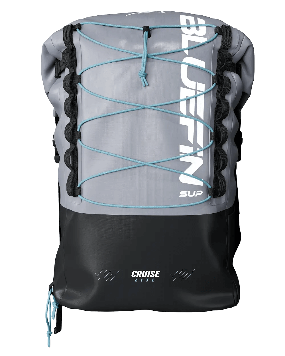 Gray and black backpack with blue bungee cords and "BLUEFIN SUP" branding on the front