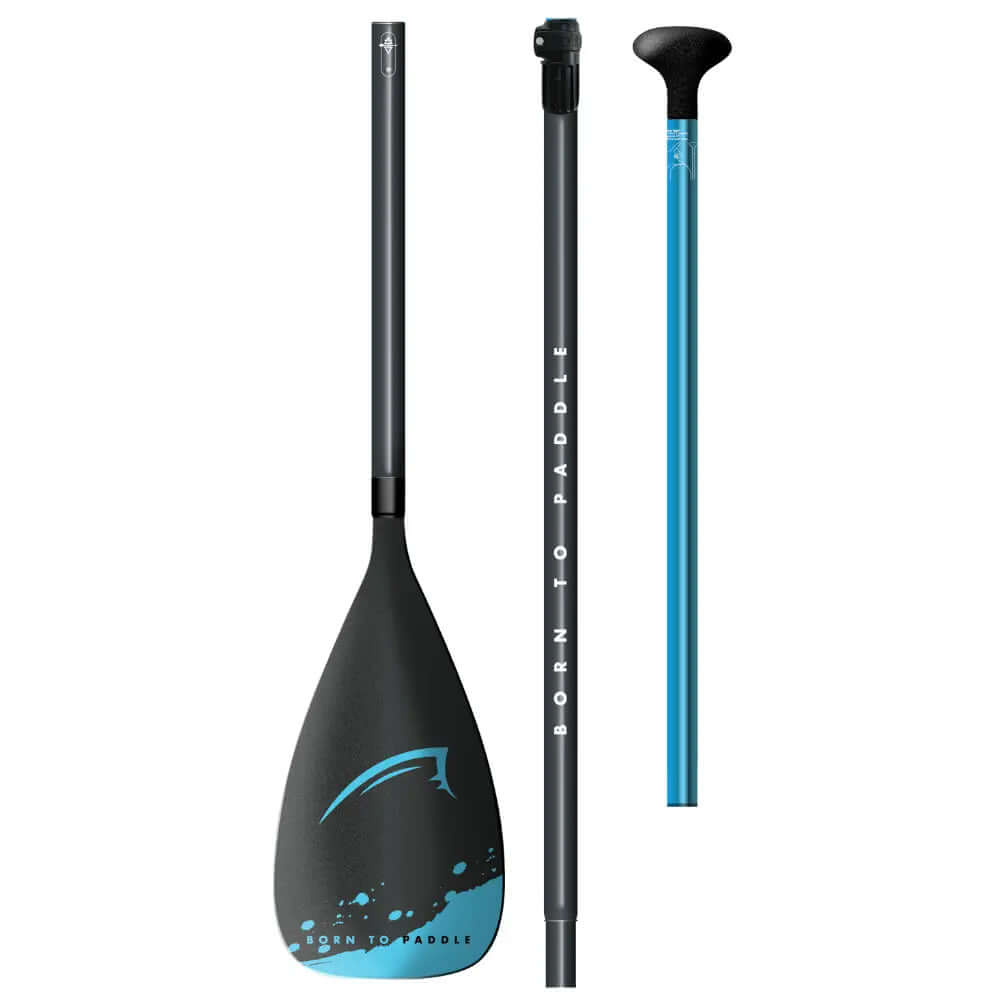 Paddle with a black blade featuring a blue design, adjustable shaft, and a black grip handle.