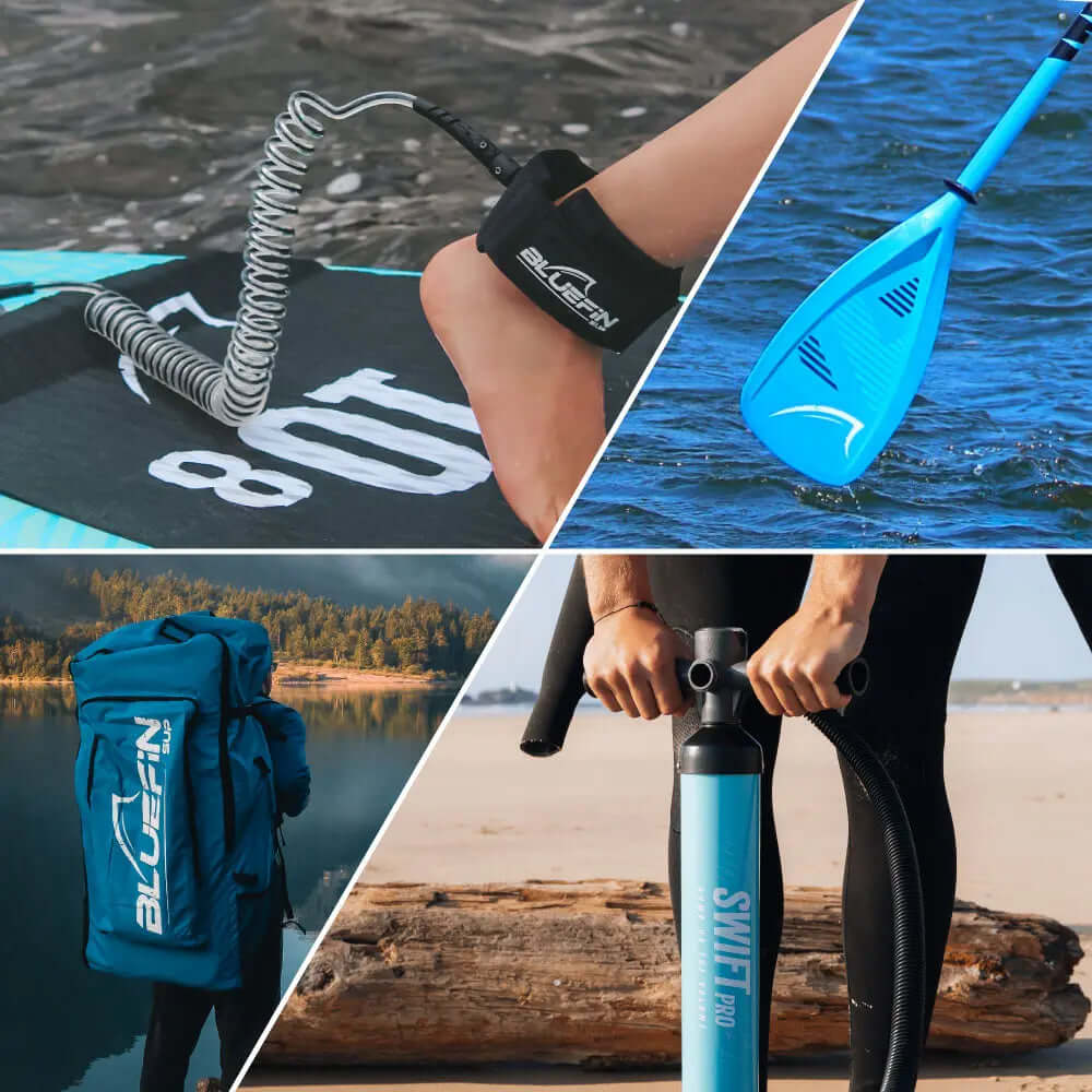 Collage von Bluefin SUP Produkten: Knöchel-Leash, blauer Paddel, Rucksack und Luftpumpe.