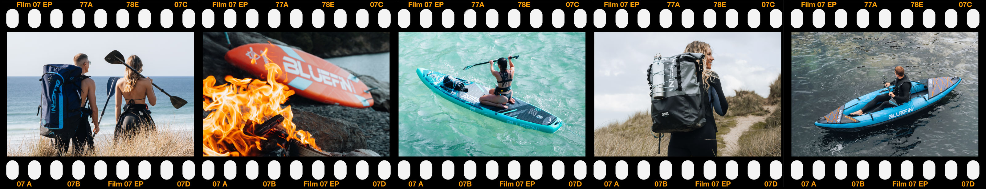 Collage of outdoor activities: paddleboarding, kayaking, and camping by the beach with gear.