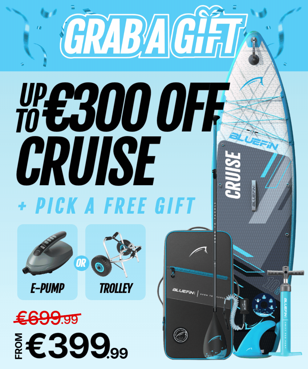 Inflatable paddleboard with textured deck, fin, paddle, pump, and bag, featuring a discount offer