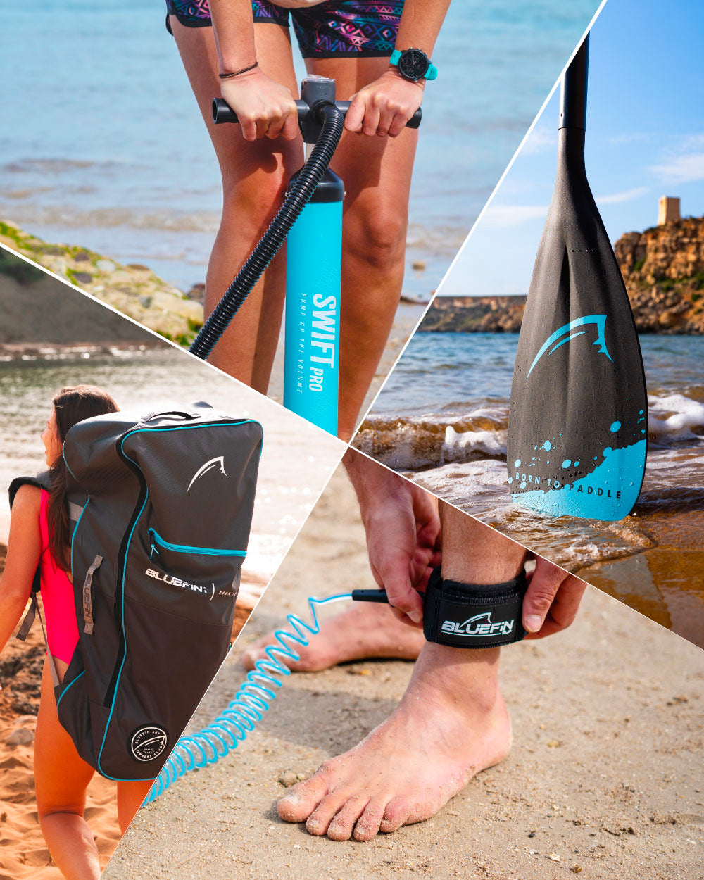 Collage of paddleboarding gear: pump, paddle, backpack, and ankle leash on sandy beach