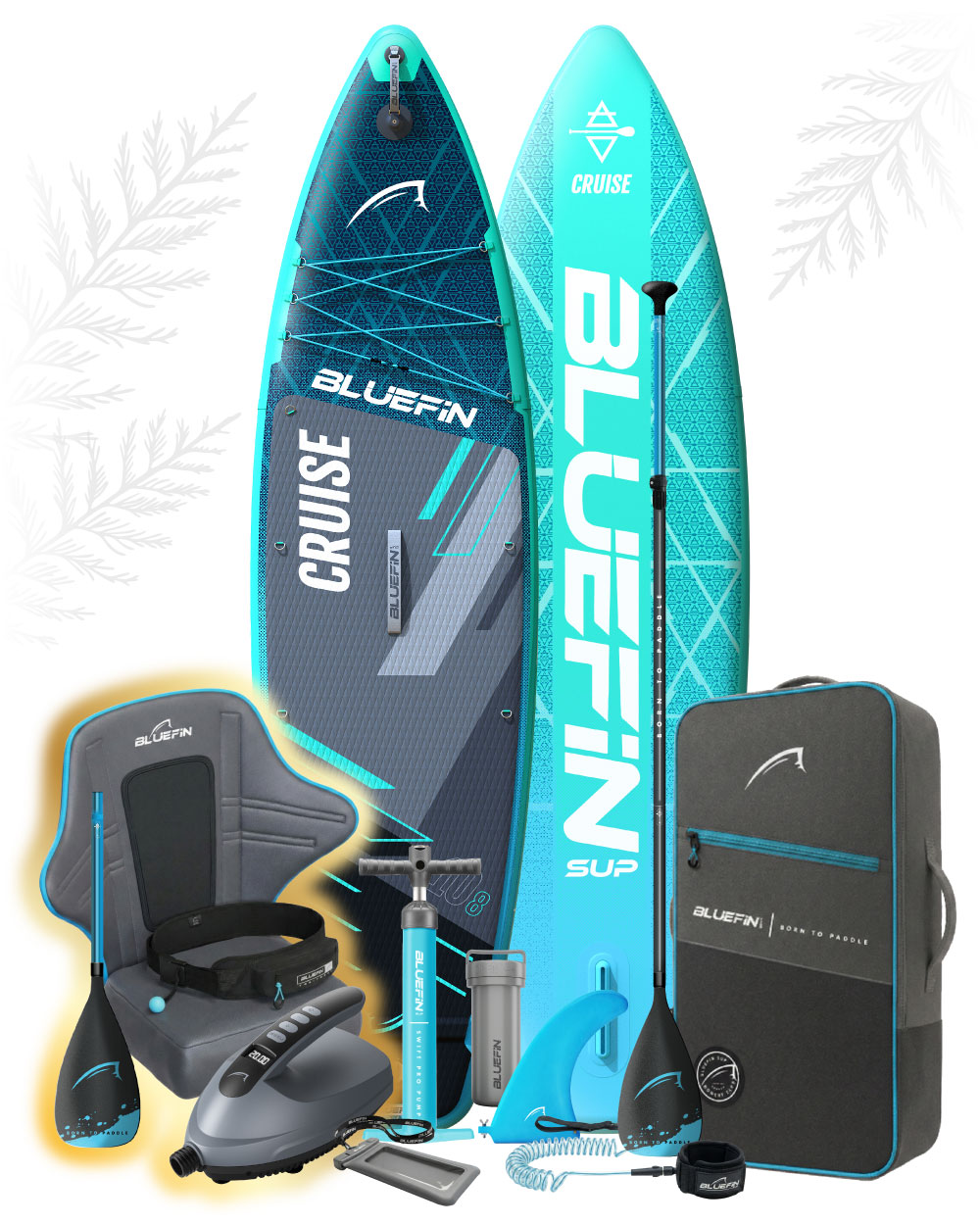 Two inflatable paddleboards in blue, accessories including a paddle, pump, and backpack for storage.