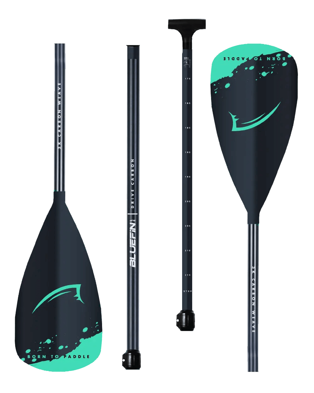 Three-piece paddle with a black shaft, teal blade, and adjustable length markings.