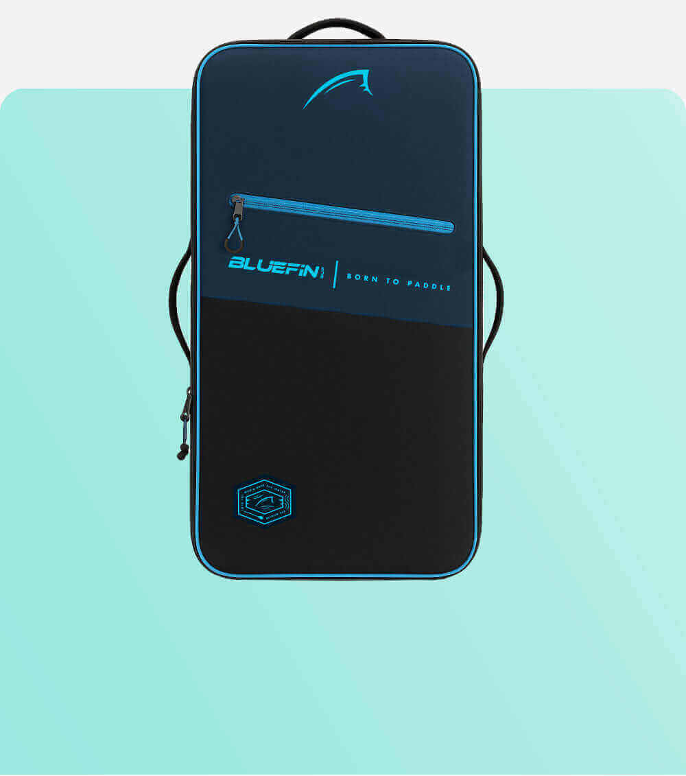Bluefin paddleboard bag in navy and black with zipper and logo, designed for storage and transport