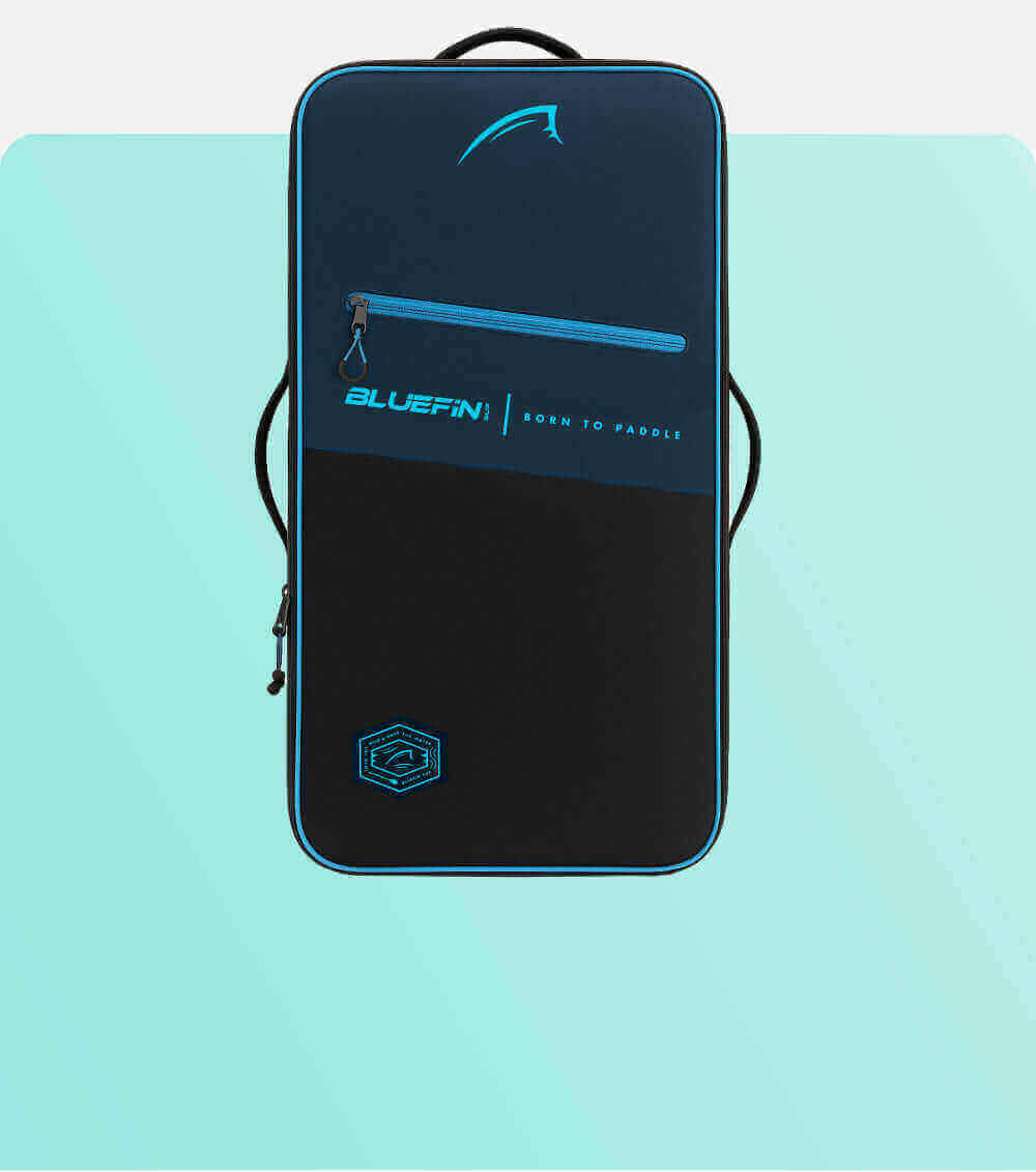 Bluefin paddleboard bag in navy and black with zipper and logo, designed for storage and transport