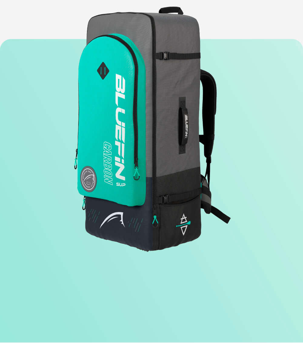 Gray and teal backpack with logo, front pocket, and side straps for carrying gear.