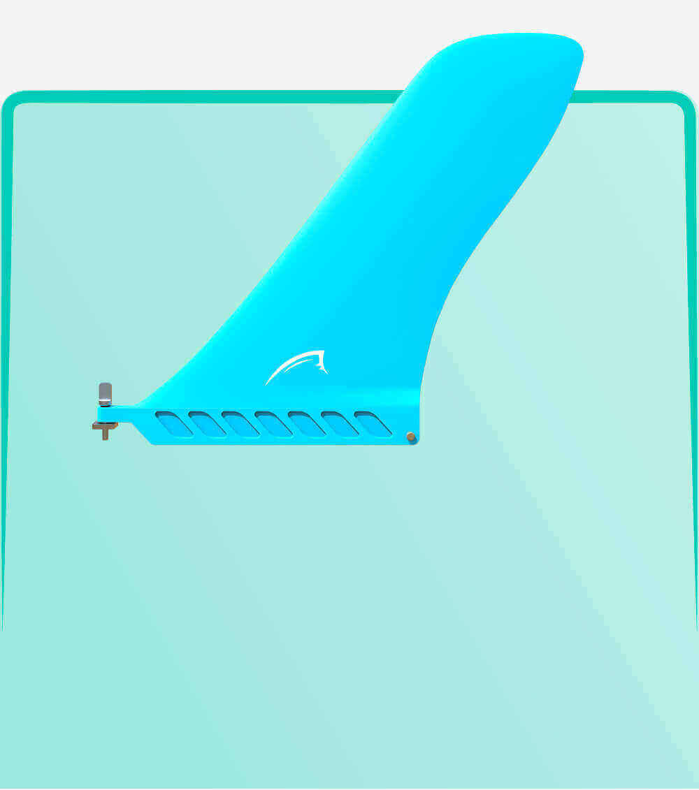 Blue fin for paddleboard with a curved top and slotted base for attachment