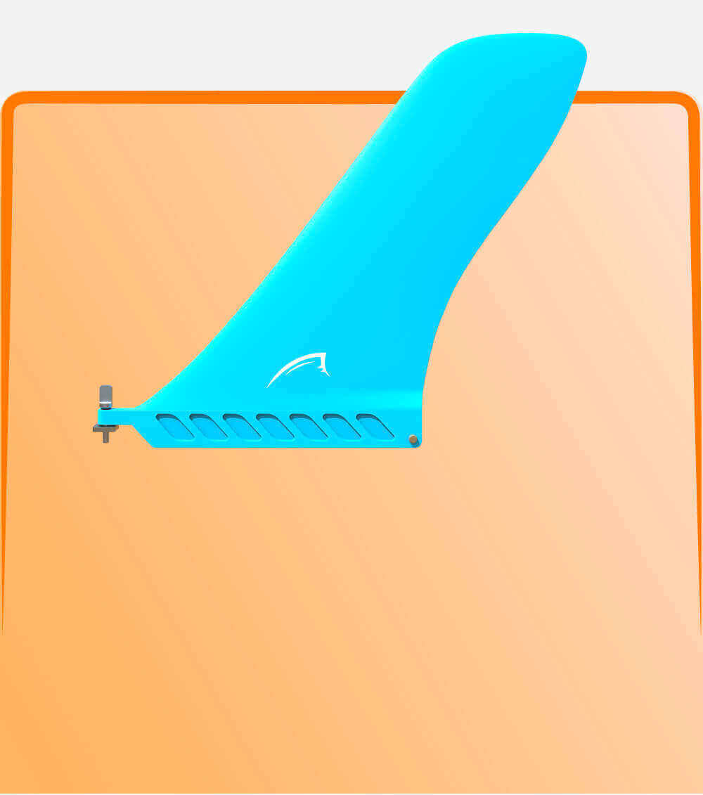 Blue fin for paddleboard with a sleek design and attachment mechanism on a light background