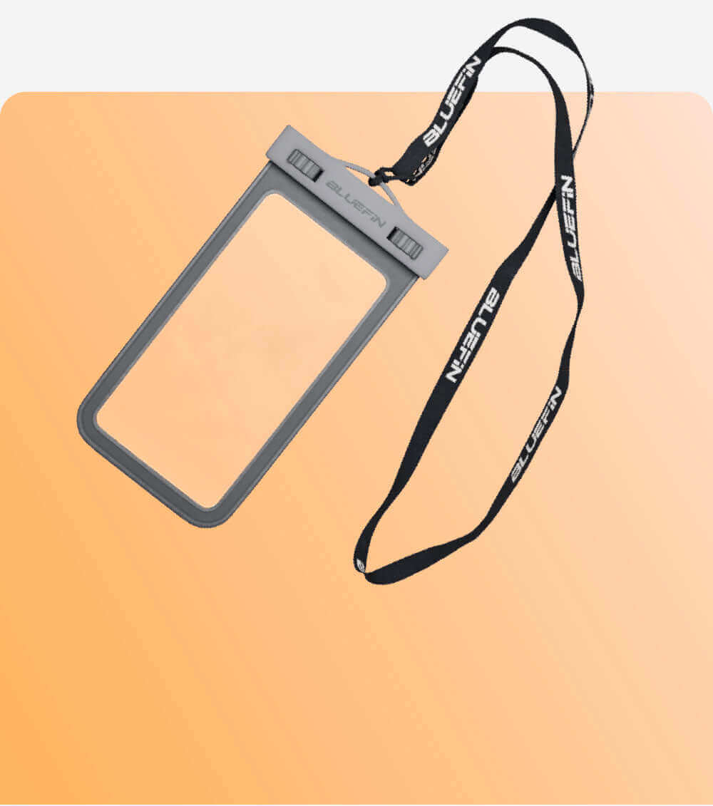 Clear waterproof phone case with gray frame and adjustable black lanyard for hanging
