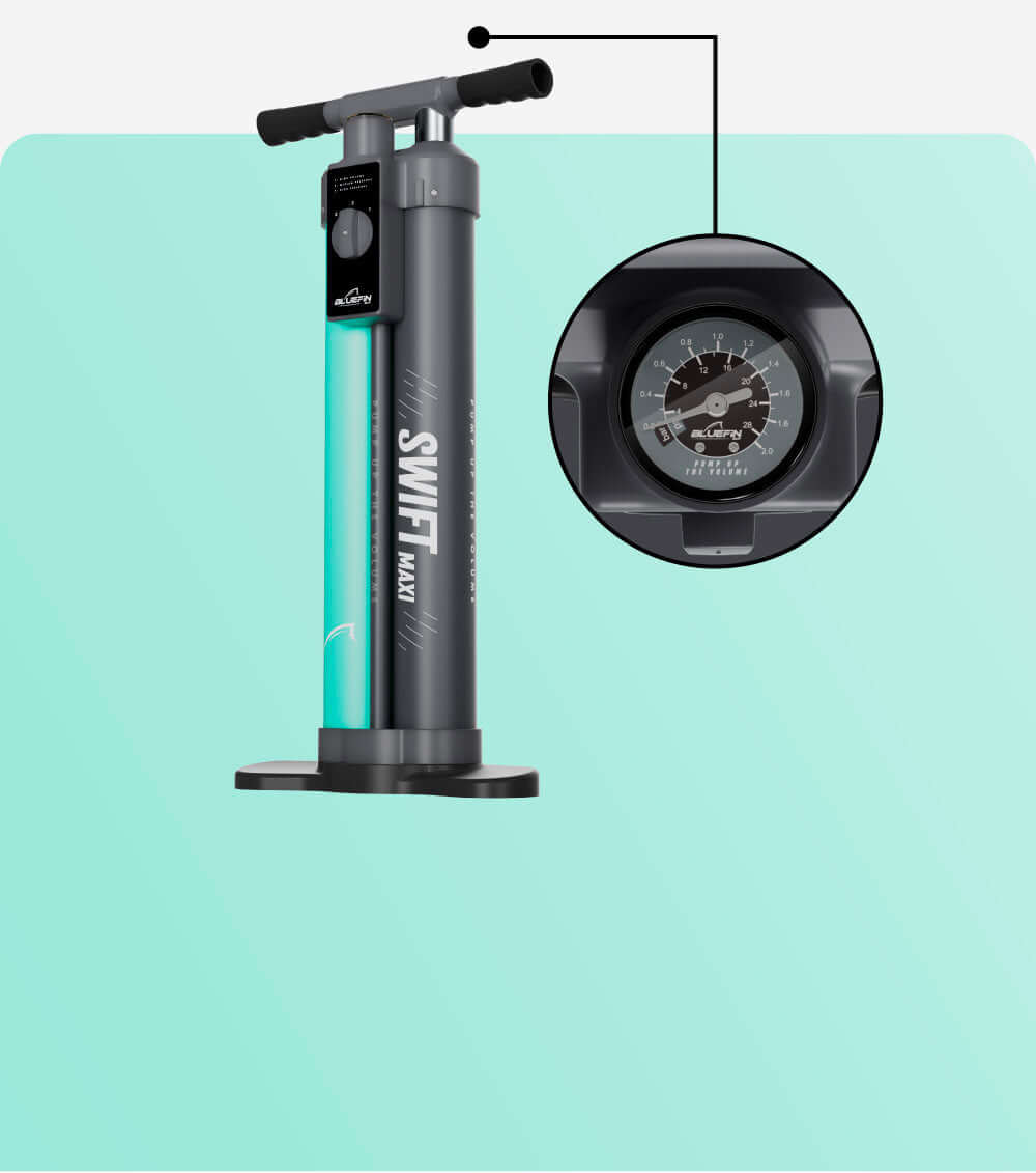 Inflatable pump in turquoise and gray design, featuring a pressure gauge on the side.