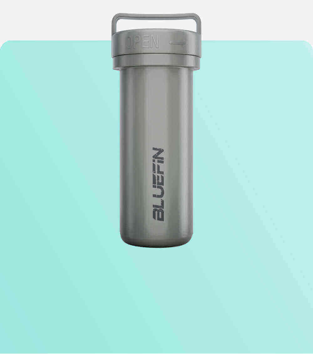 Gray waterproof container with an open lid and the word BLUEFIN printed on the side