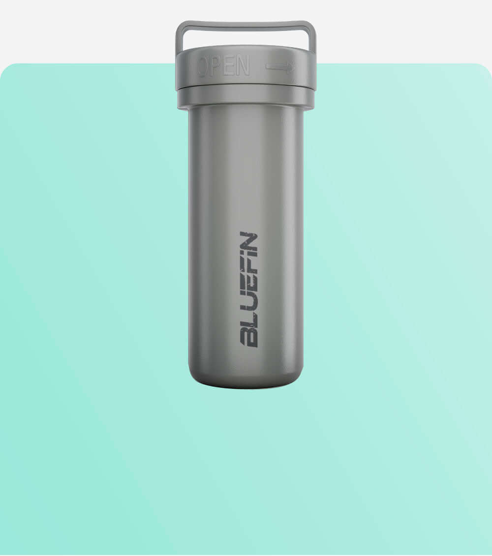Gray waterproof container with an open lid and handle, featuring the Bluefin logo.