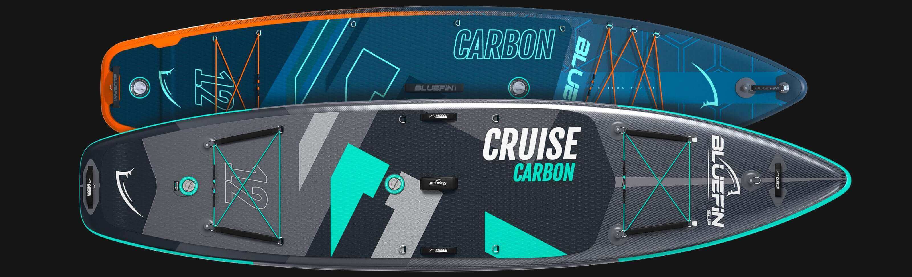 Two inflatable paddleboards, one with orange accents and the other in gray and teal, showcasing deck pads and valves.