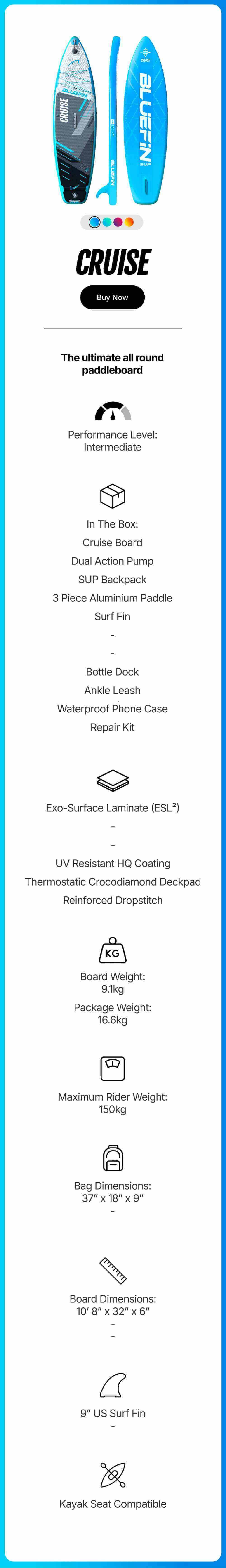 Inflatable paddleboard in blue with textured deck pad, fin, and valve for easy transport and use