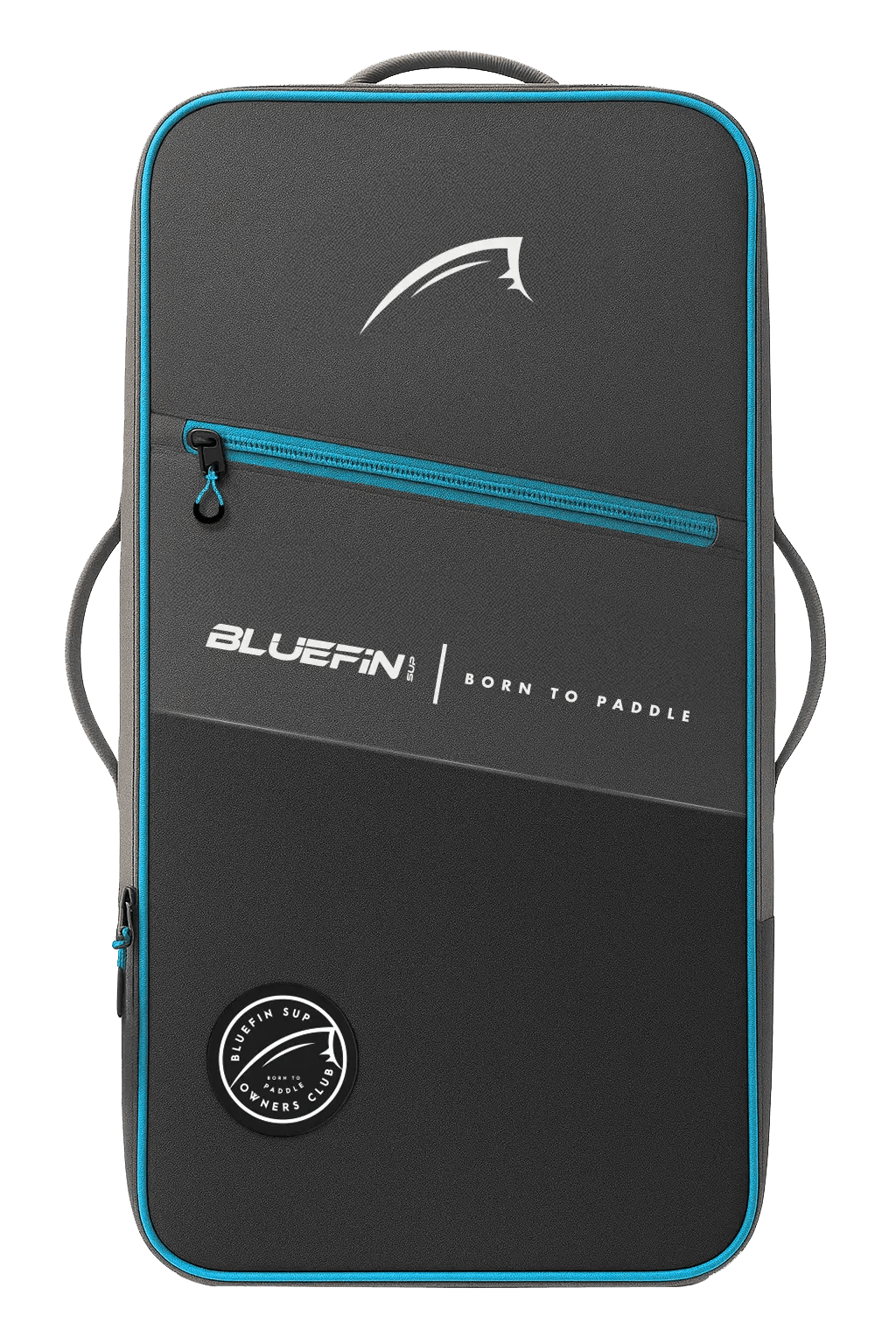 Gray paddleboard bag with blue zipper, logo, and handle for carrying gear.