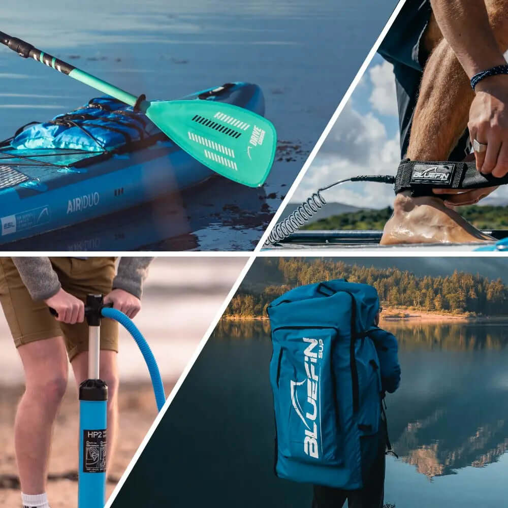 Colagem de paddleboard, bomba, corda de segurança e mochila para esportes aquáticos, apresentando cores azuis e ambiente ao ar livre.