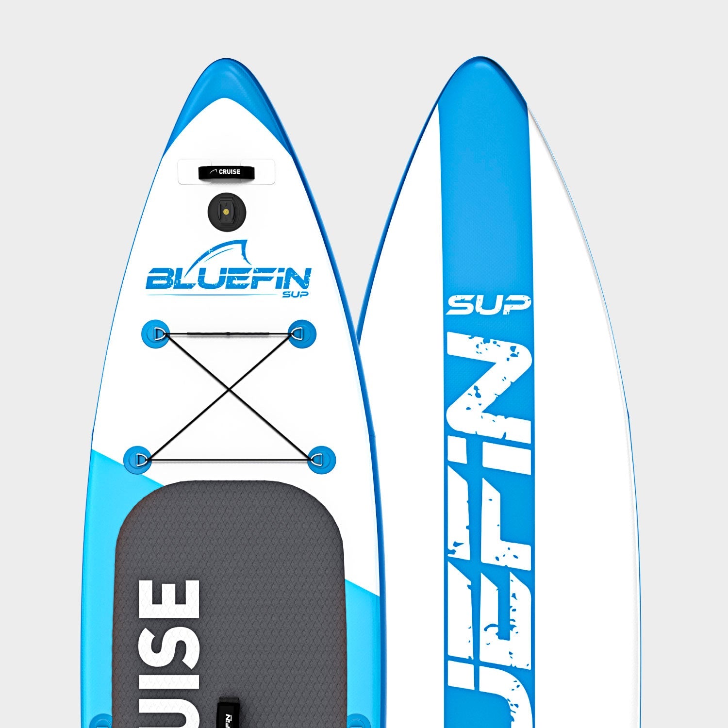Inflatable paddleboard with blue accents, textured deck pad, and center fin for stability