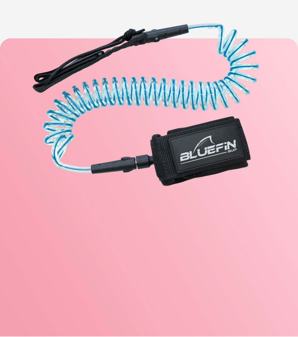 Coiled safety leash with black strap and blue cord, featuring a Bluefin SUP logo.