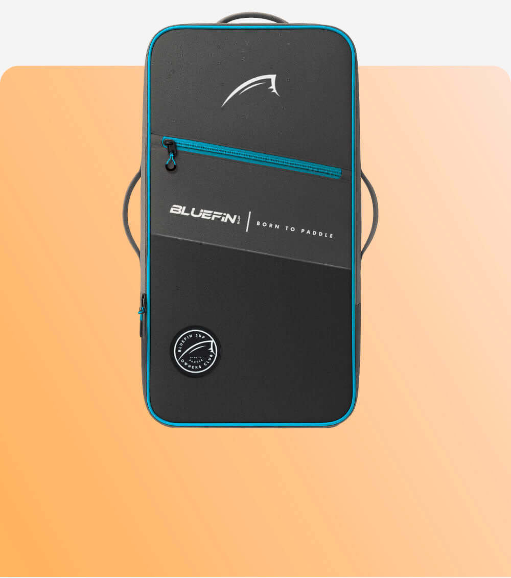 Black paddleboard bag with blue zipper and logo, designed for carrying paddleboards securely