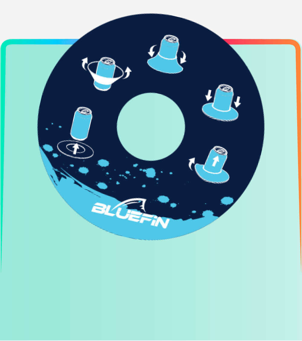 Circular diagram showing five actions for a Bluefin product, including spinning and lifting motions.