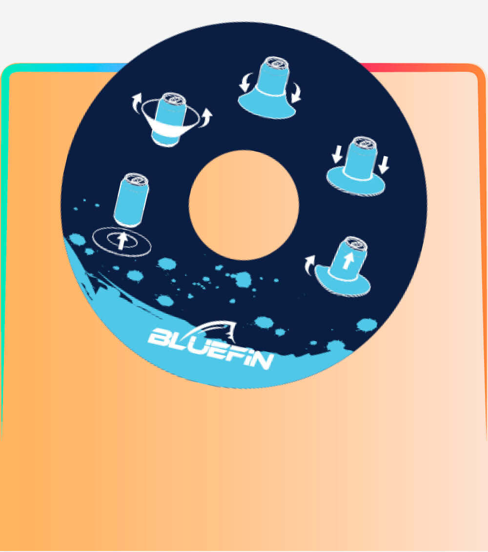 Diagram showing five different positions for a paddleboard fin with rotation arrows and Bluefin logo