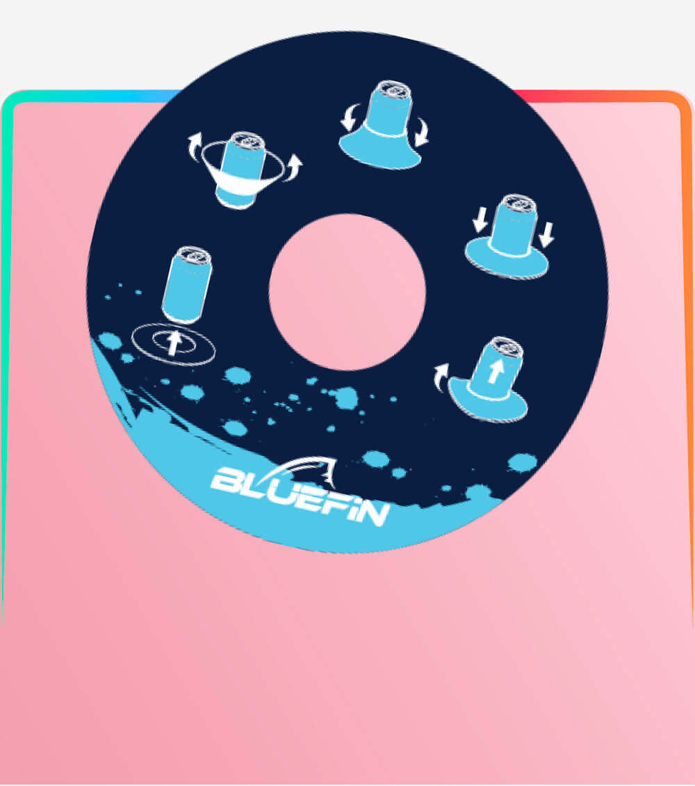 Diagram showing paddleboard features: fin rotation, inflation, and movement directions with arrows