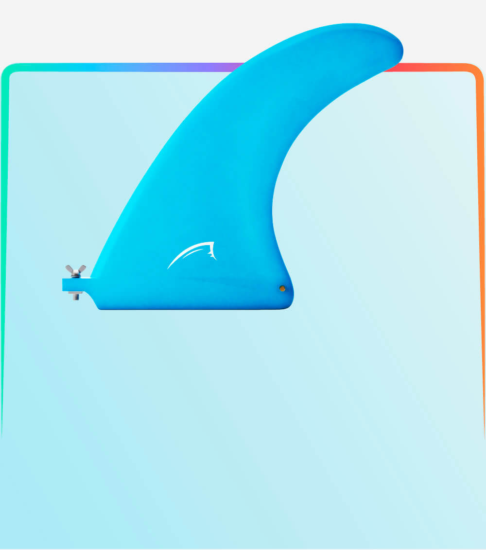 Blue surfboard fin with a logo, mounted on a light background with colorful edges