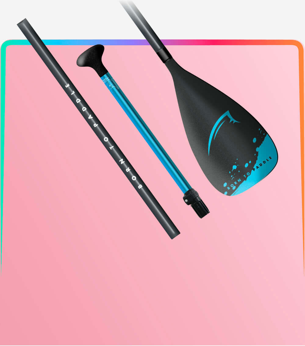 Paddle components including a black blade, blue shaft, and black grip with text 'BORN TO PADDLE