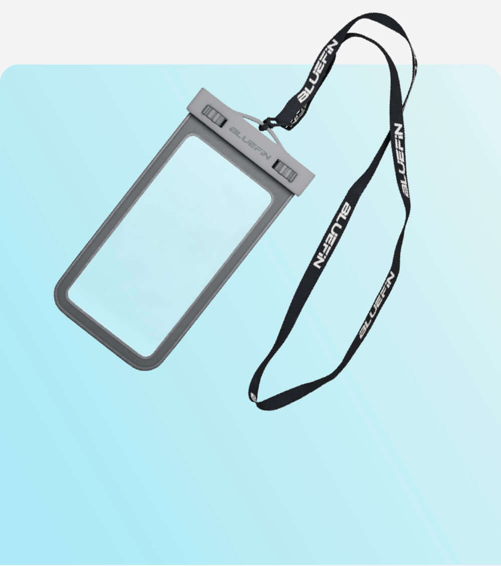 Clear waterproof phone case with gray edges and a black lanyard, suspended against a light blue background