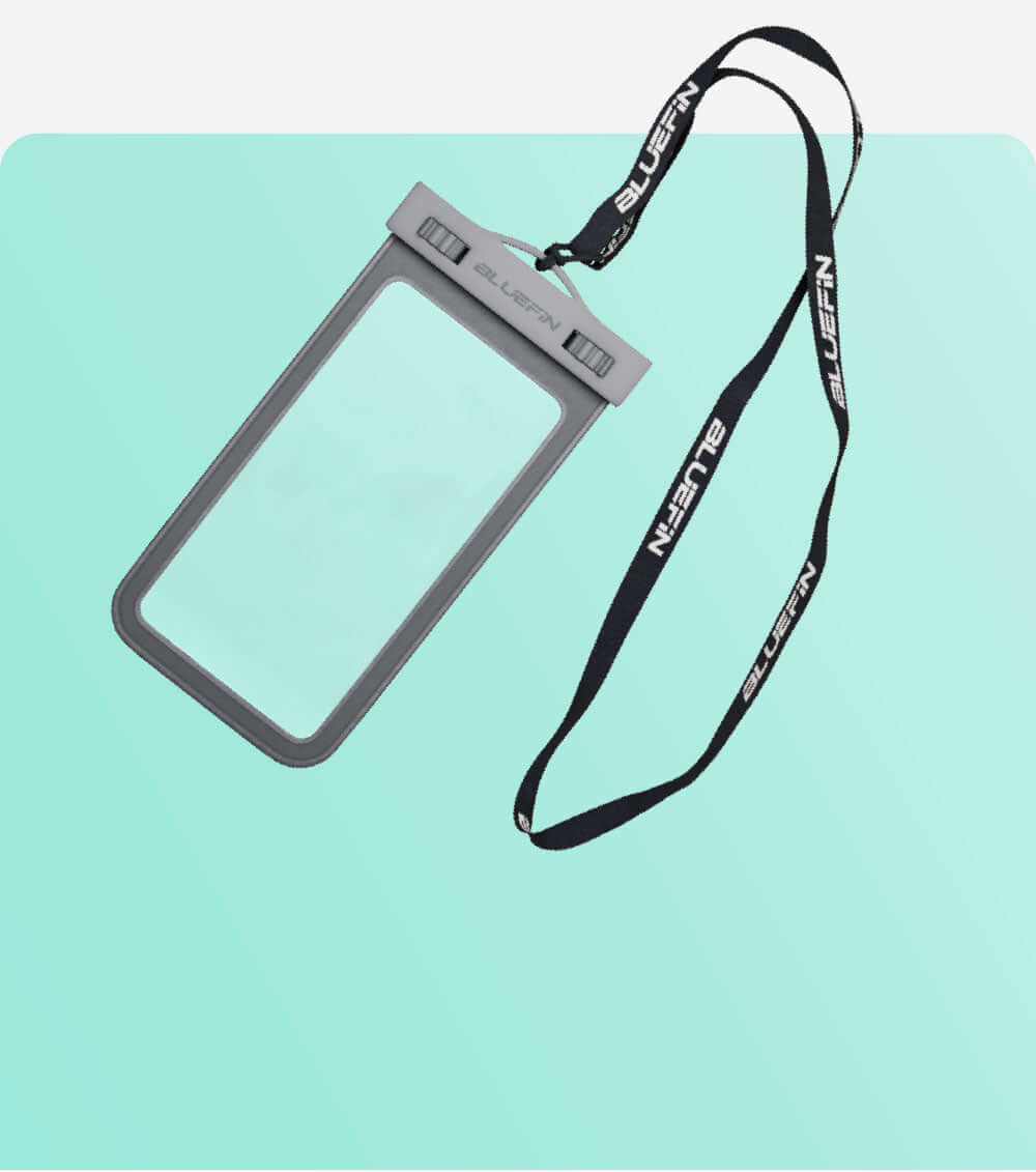 Clear waterproof phone pouch with gray edges and a black lanyard, suspended against a light blue background