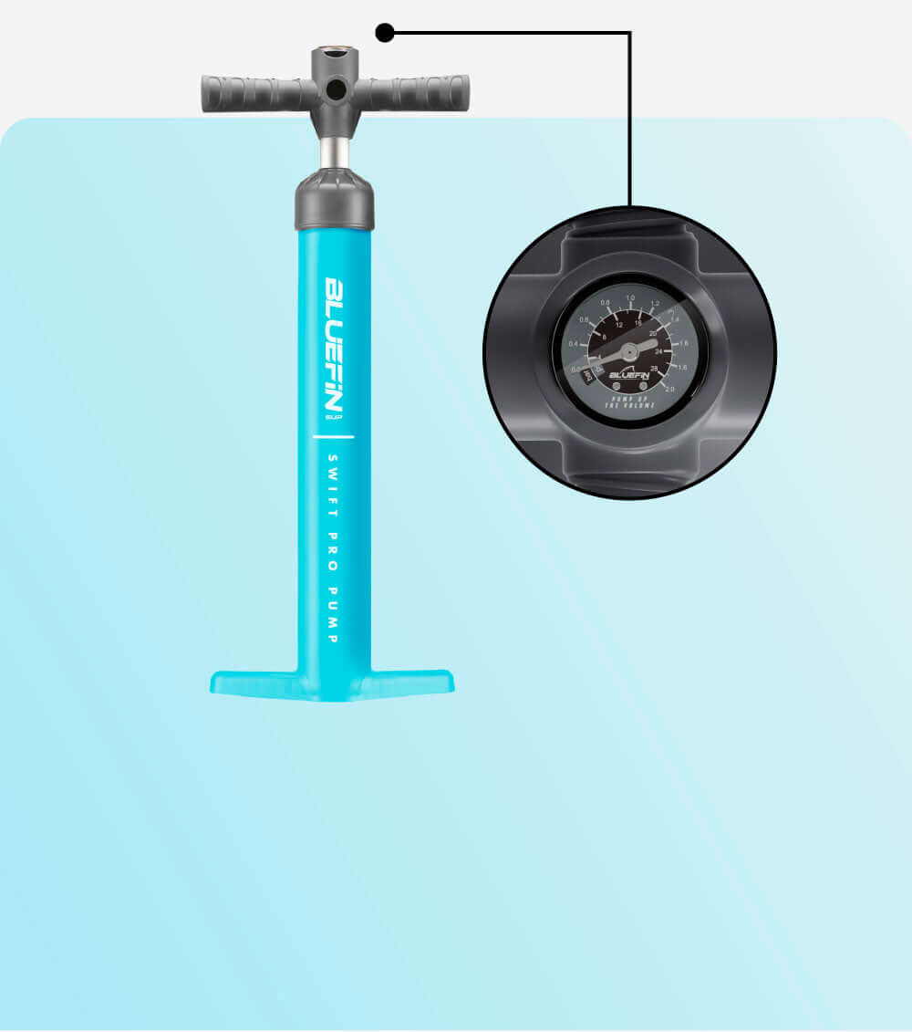 Bluefin Swift Pro Pump in turquoise with a pressure gauge on top for inflating paddleboards.