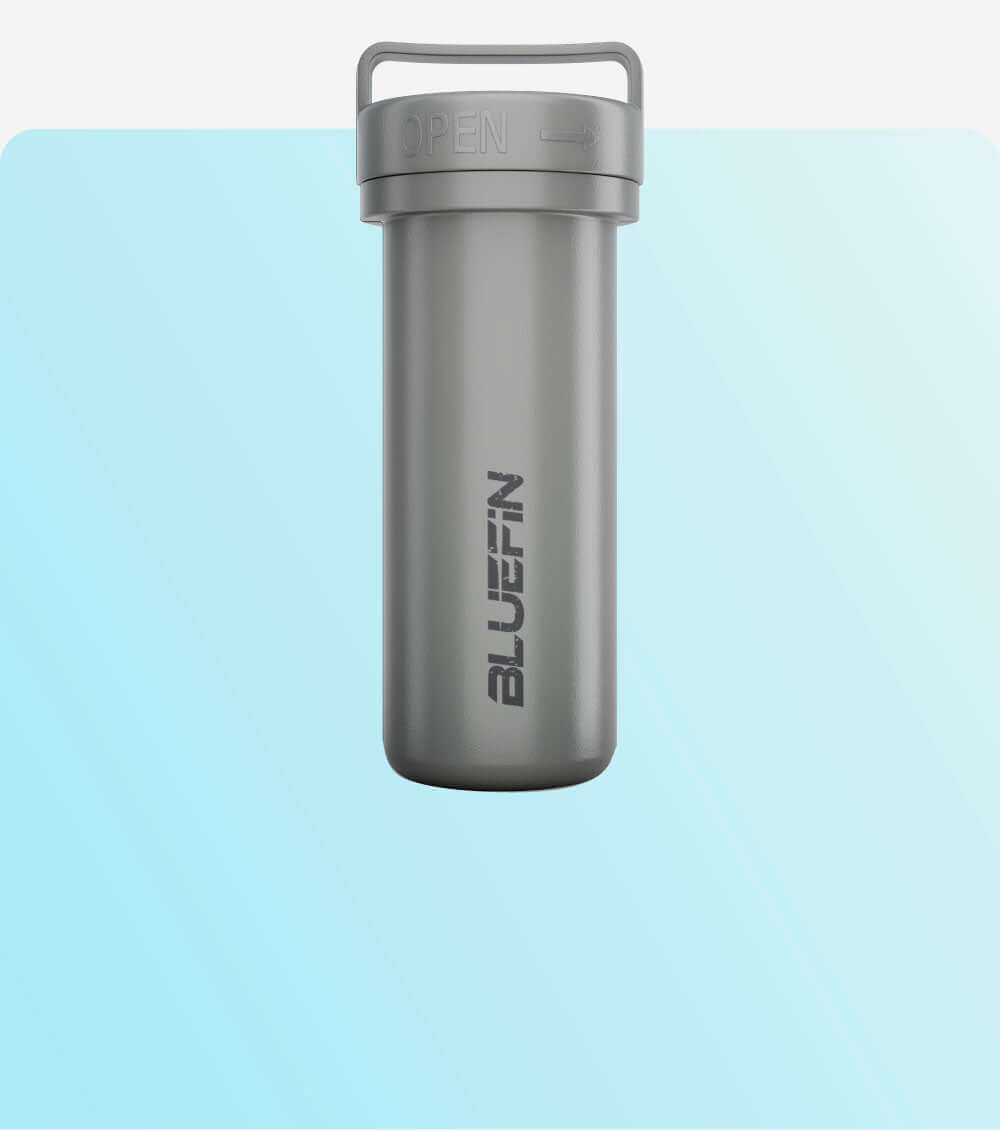 Gray waterproof container with an open lid, featuring the Bluefin logo on the side.