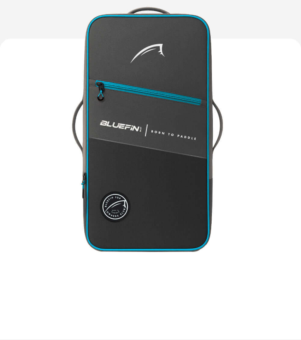 Black and teal Bluefin SUP bag with logo, zipper pocket, and carrying handles