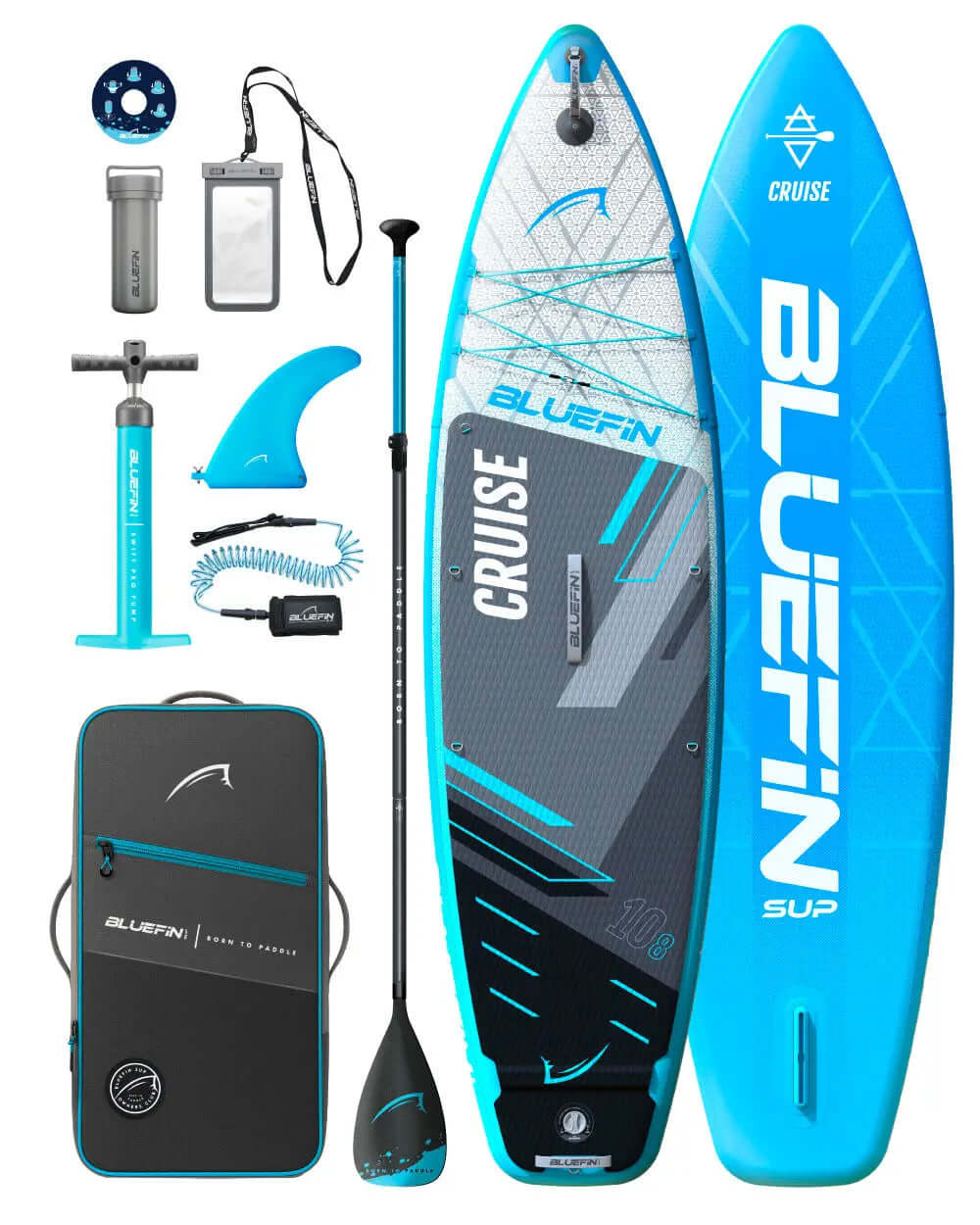 Inflatable Bluefin SUP paddleboard with textured deck, center fin, paddle, pump, and carrying bag.