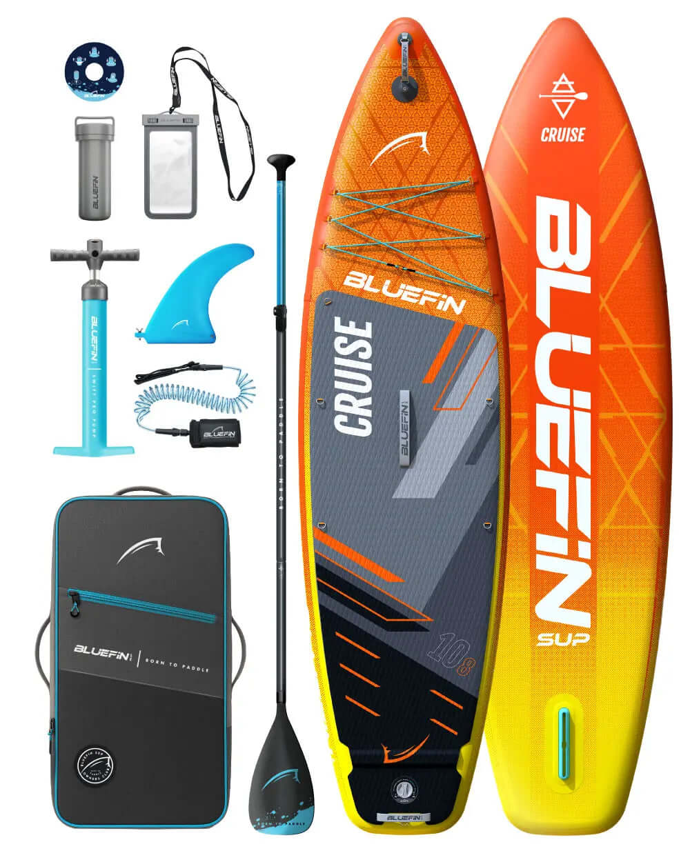 Inflatable paddleboard with orange and gray design, paddle, pump, fin, and carrying bag included.