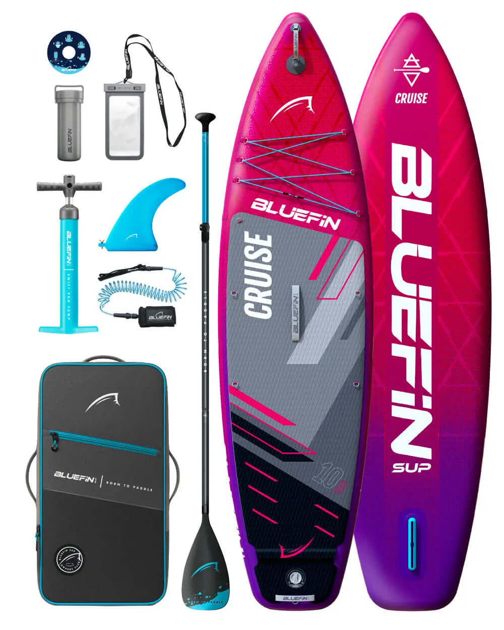 Inflatable paddleboard kit with pink board, paddle, pump, fin, and carrying bag for water sports.
