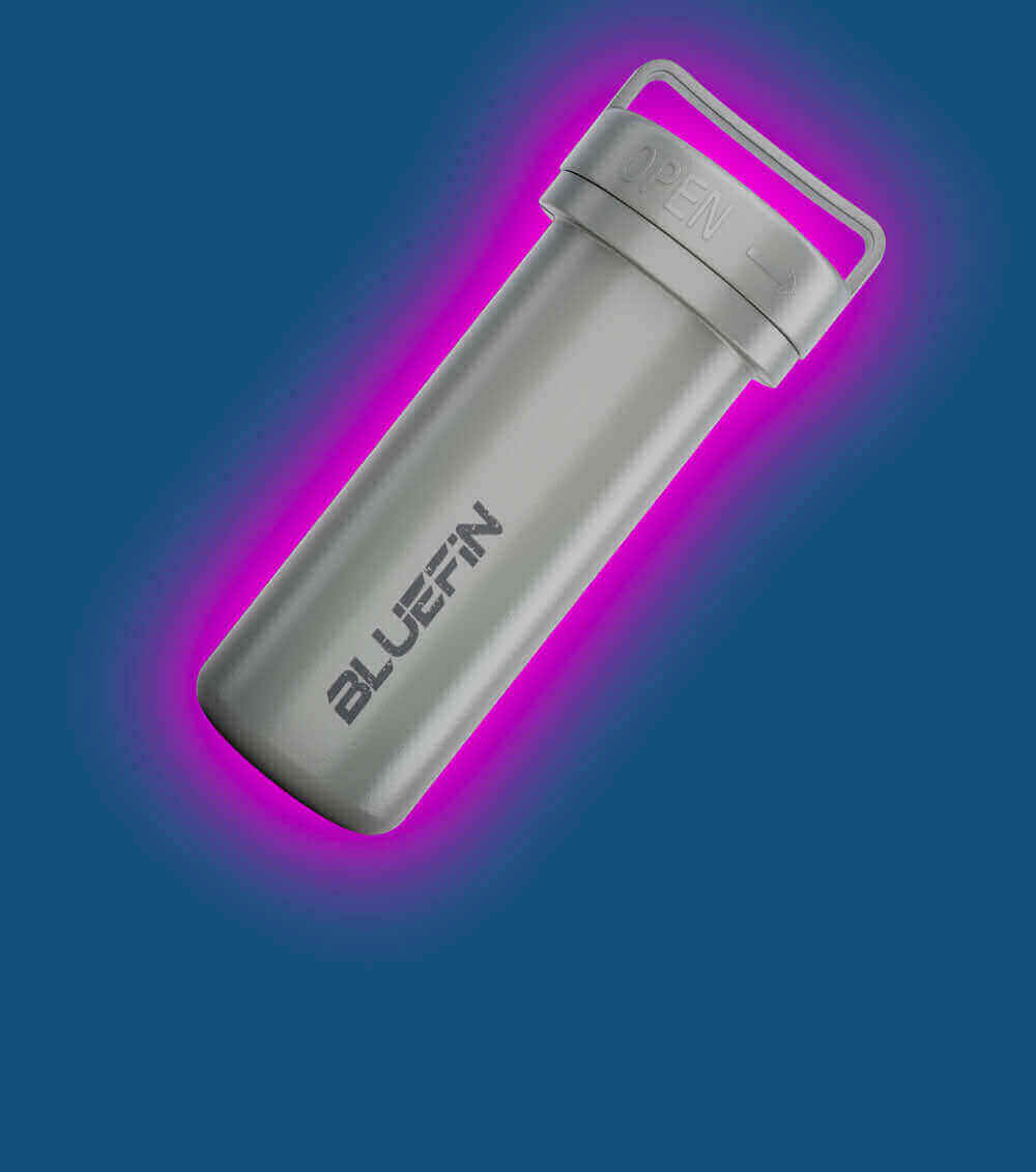 Gray waterproof container with a lid labeled 'OPEN' and Bluefin logo, glowing pink background