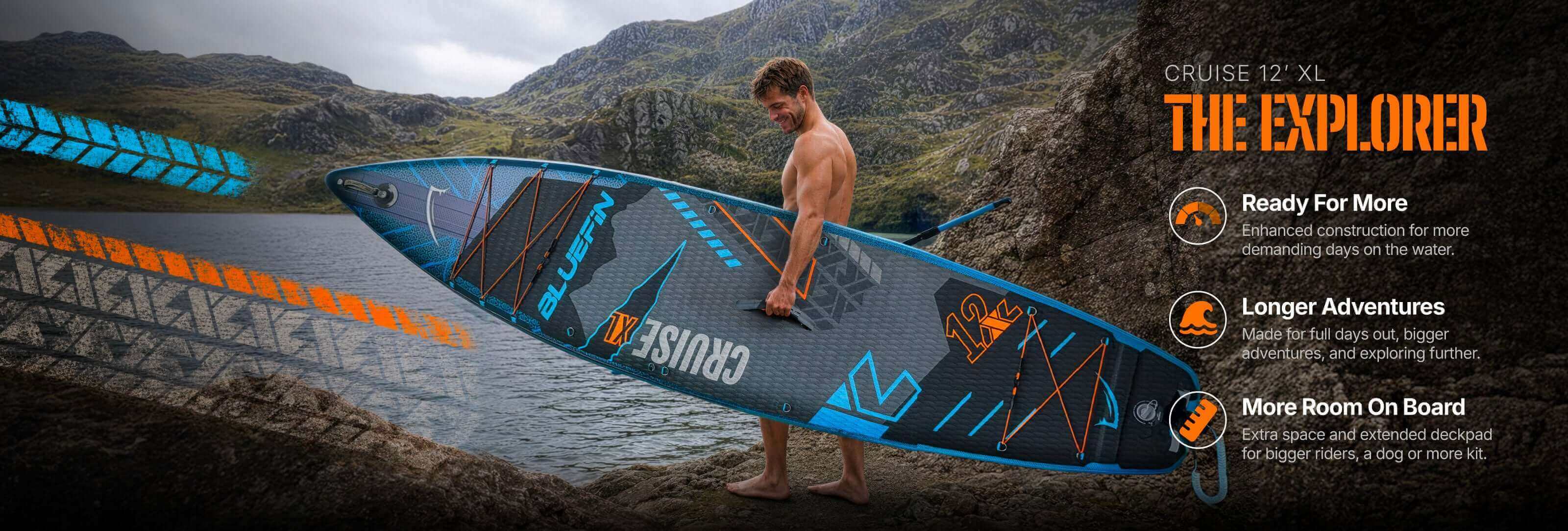 Inflatable paddleboard with textured deck, center fin, and orange and blue design on a rocky shore