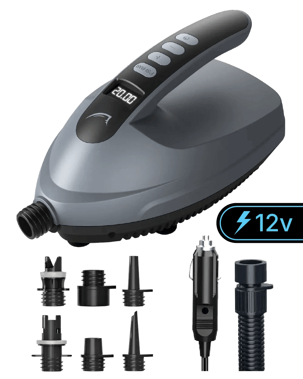 Portable 12V electric pump in gray with digital display and multiple nozzles for inflating items