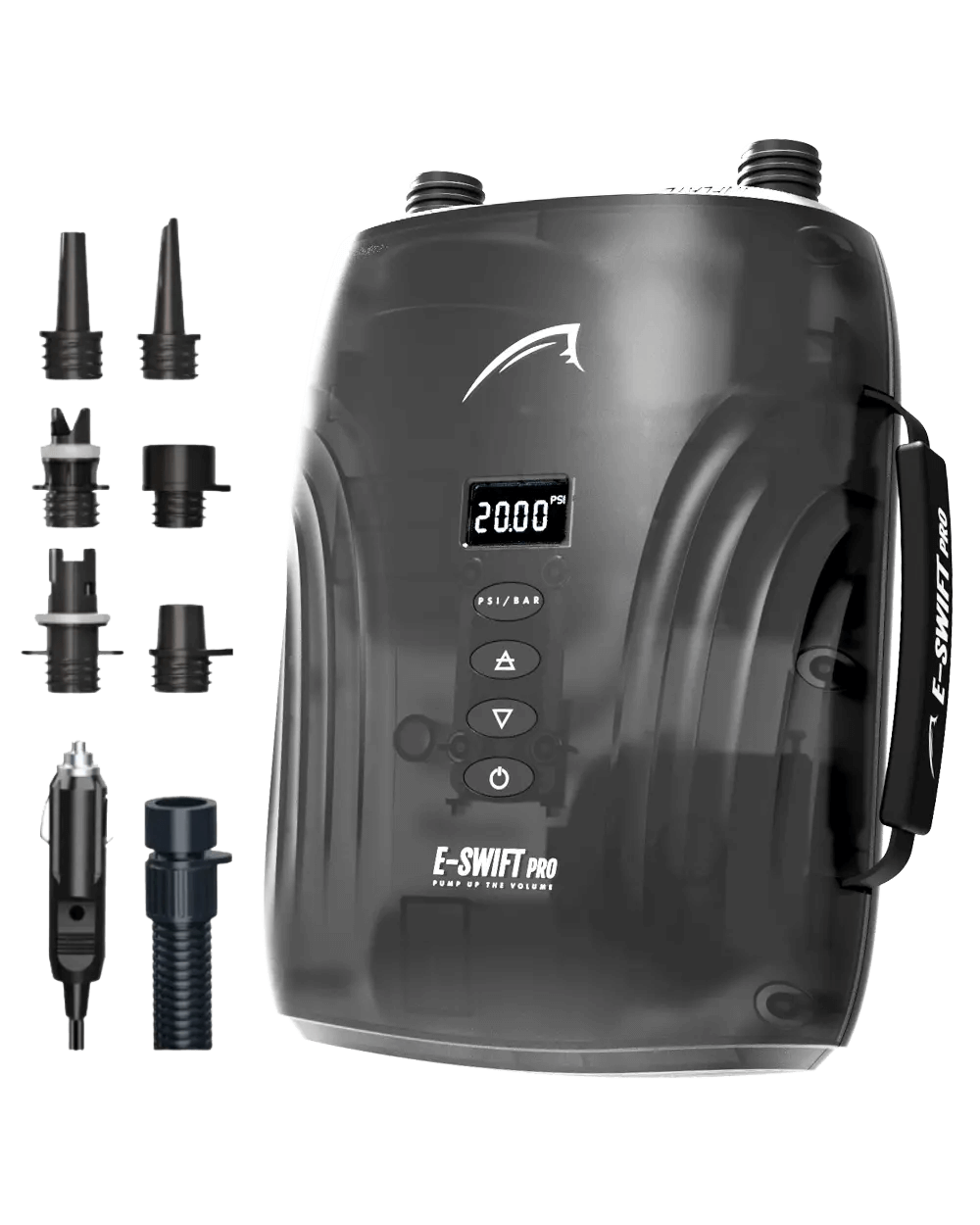 E-SWIFT PRO electric pump with digital display, multiple nozzles, and power adapter for inflating equipment