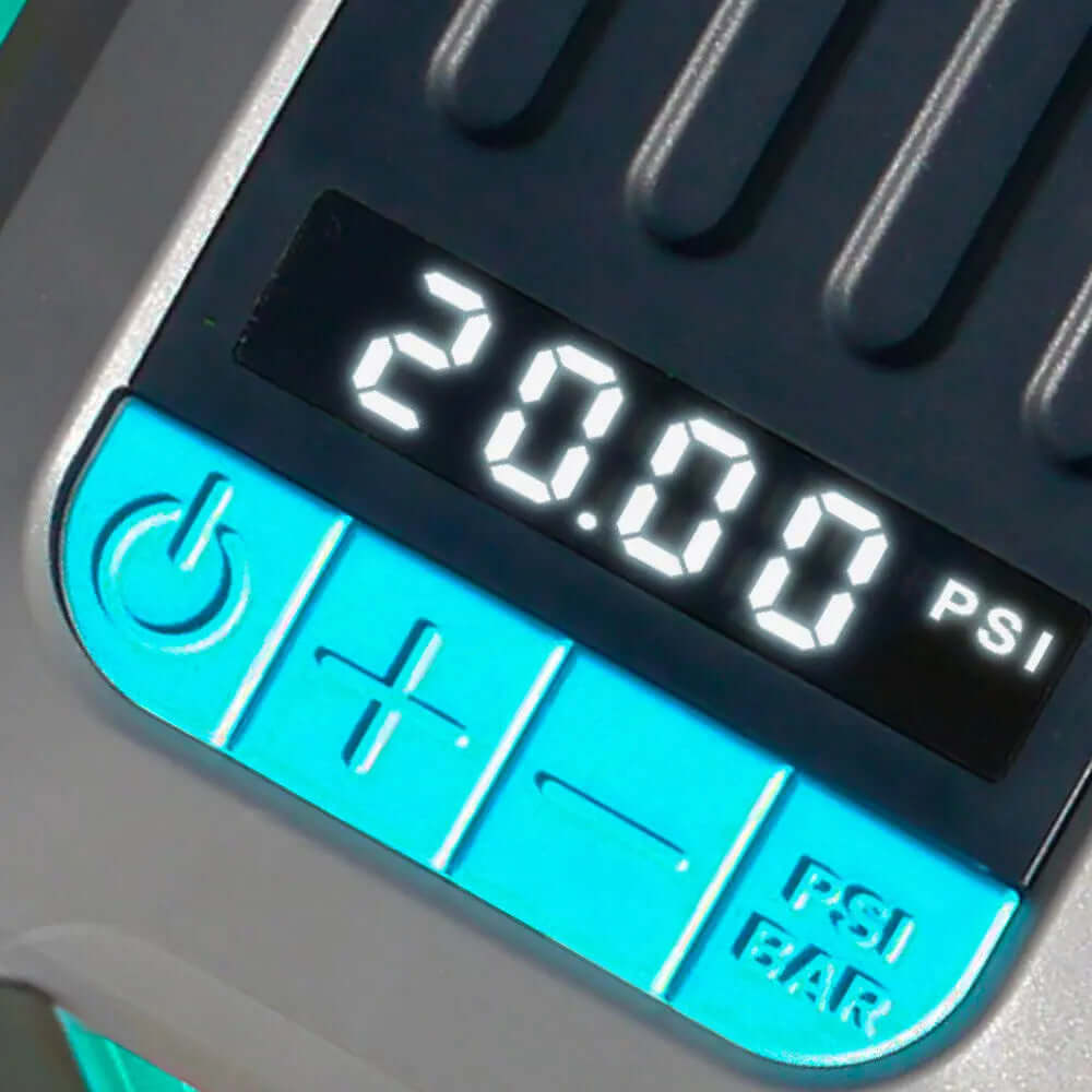 Digital pressure gauge displaying 20.00 PSI with control buttons in turquoise and gray