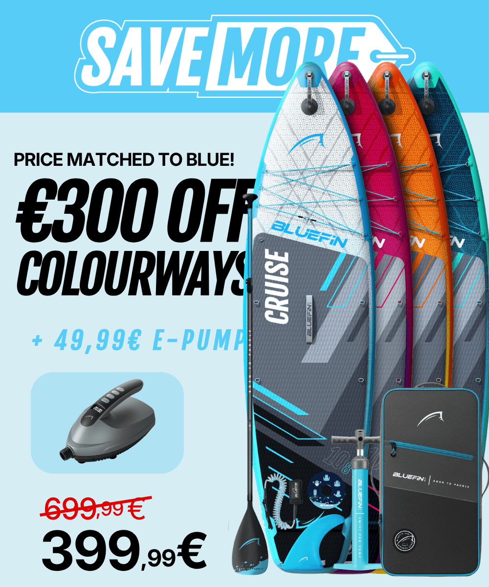 Cruise aufblasbare SUP-Boards in vier Farben mit Pumpe, Paddel, Finne und Tragetasche; Angebotspreis €399.99