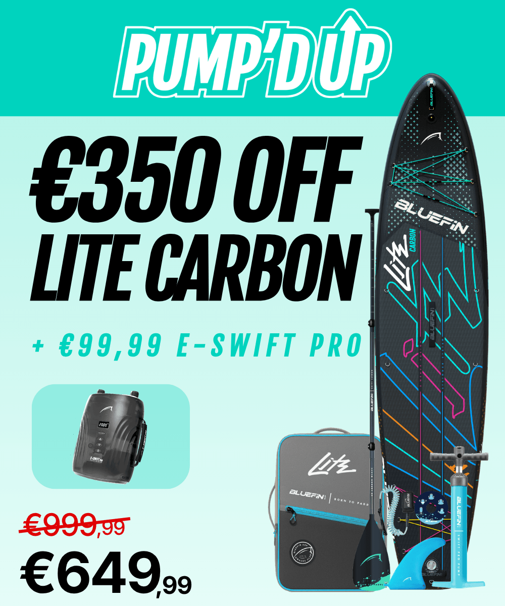 Lite Carbon paddleboard package with accessories, €350 off and optional €99.99 E-Swift Pro pump promotion