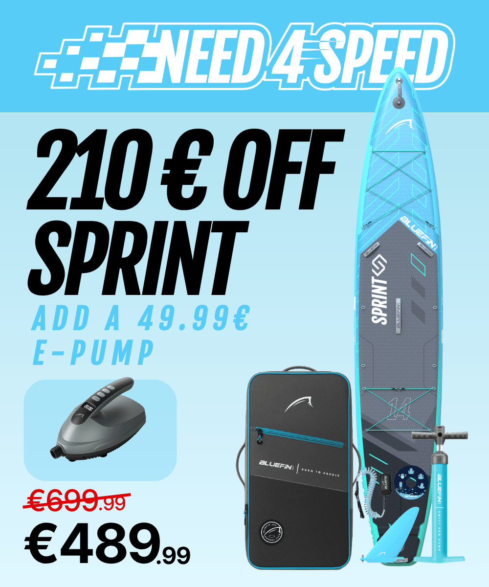 Inflatable paddleboard with blue and gray design, e-pump, and carrying bag, showing price discount.