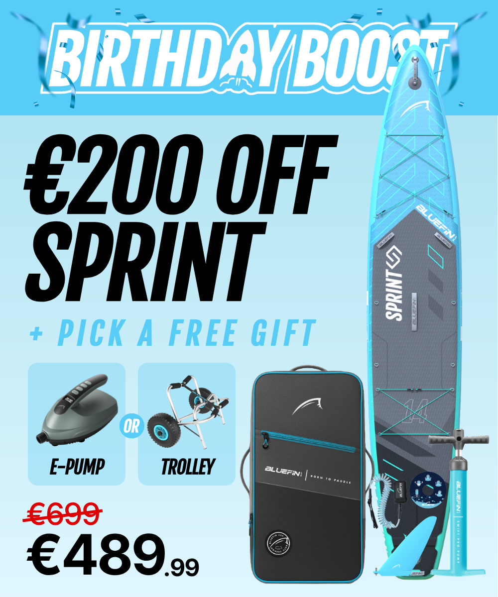 Inflatable paddleboard with blue and gray design, e-pump and trolley options, €200 off promotion