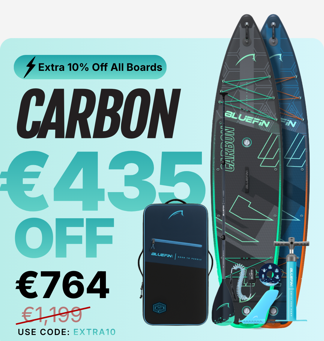 Two inflatable paddleboards with a carry bag, pump, and fin, featuring a textured deck and vibrant colors