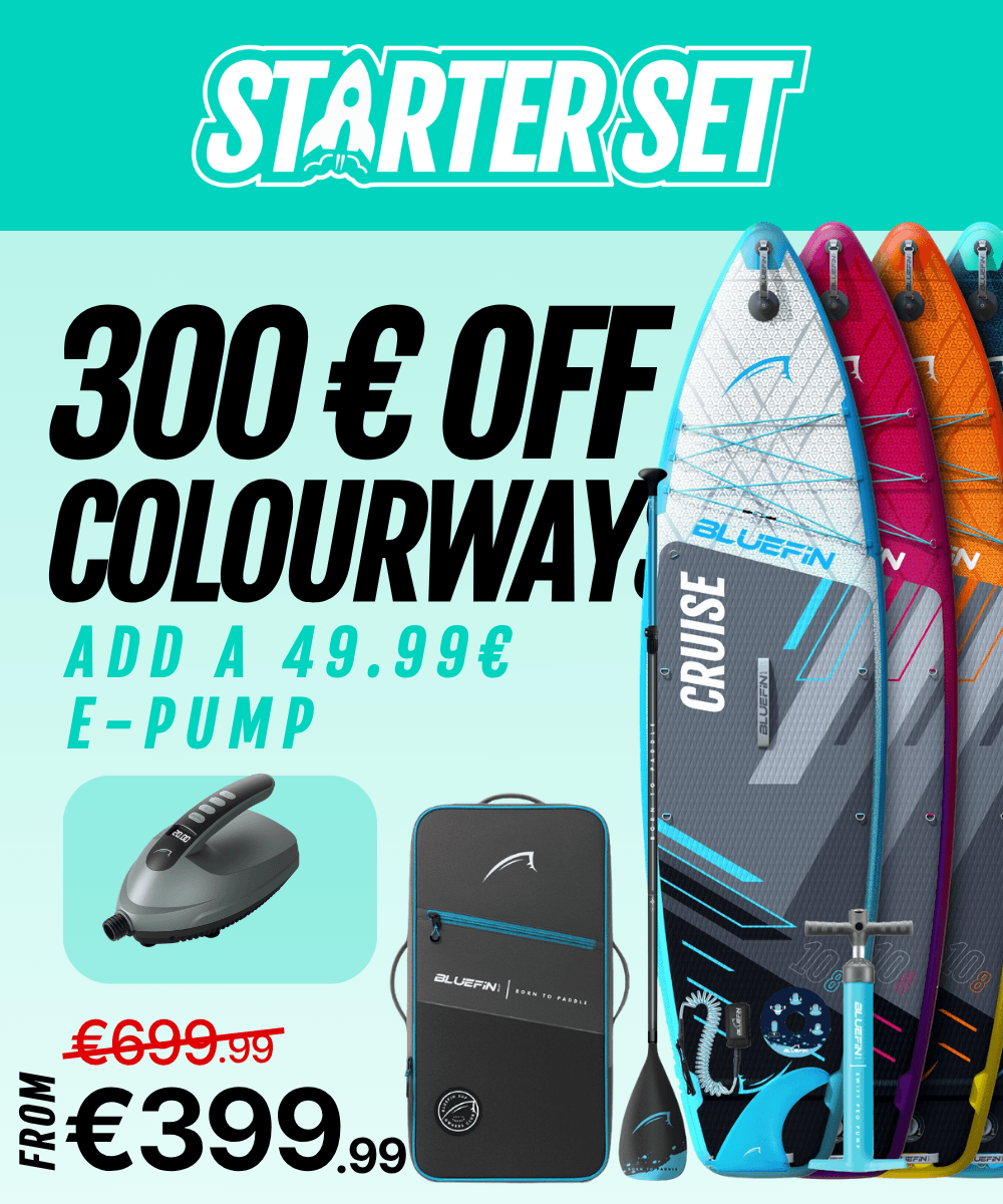 Bluefin SUP starter set with three paddleboards, an electric pump, and a carrying bag, showcasing colors and prices.