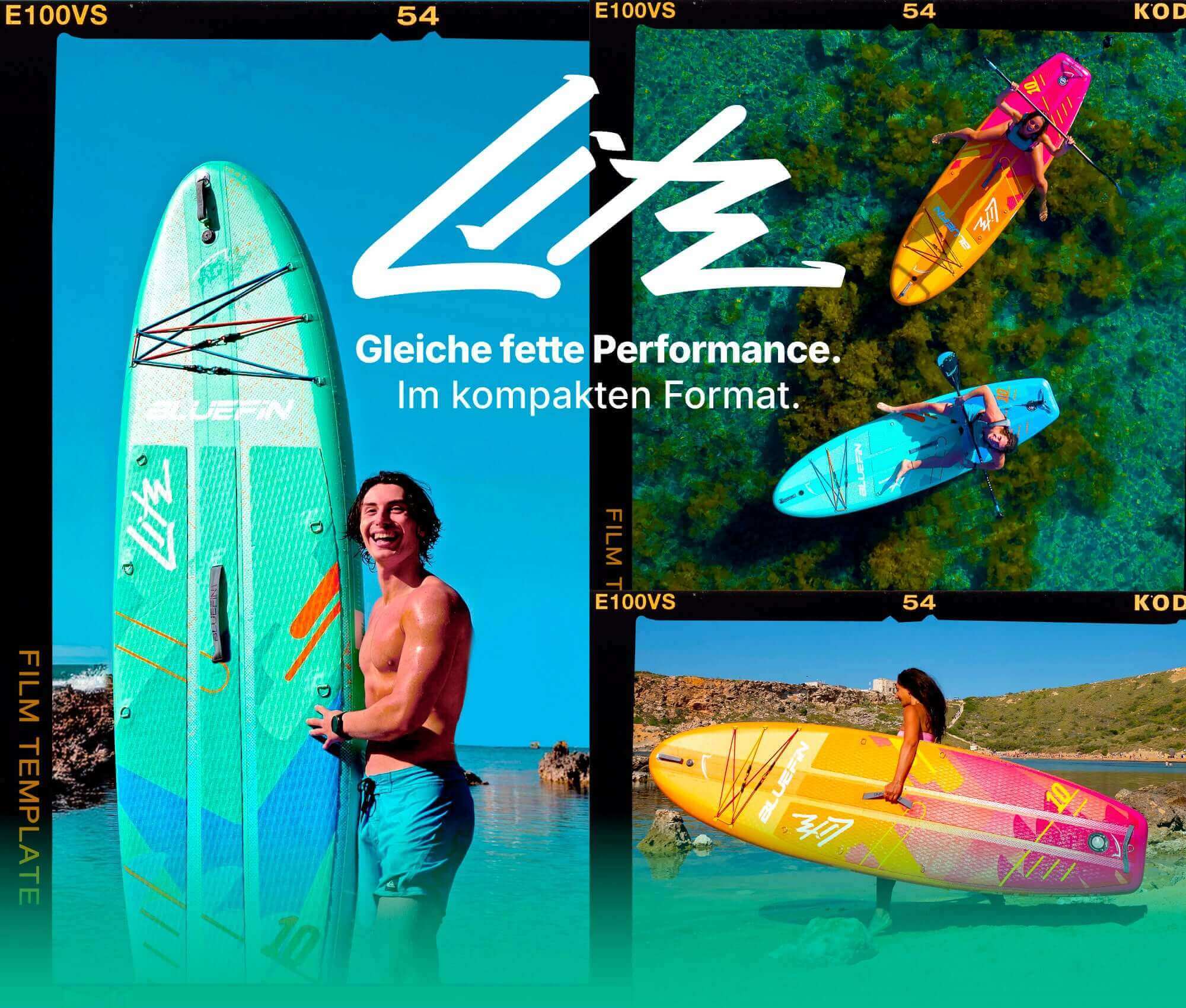 Three paddleboards in vibrant colors on water, with a man holding a green board and two women paddling.